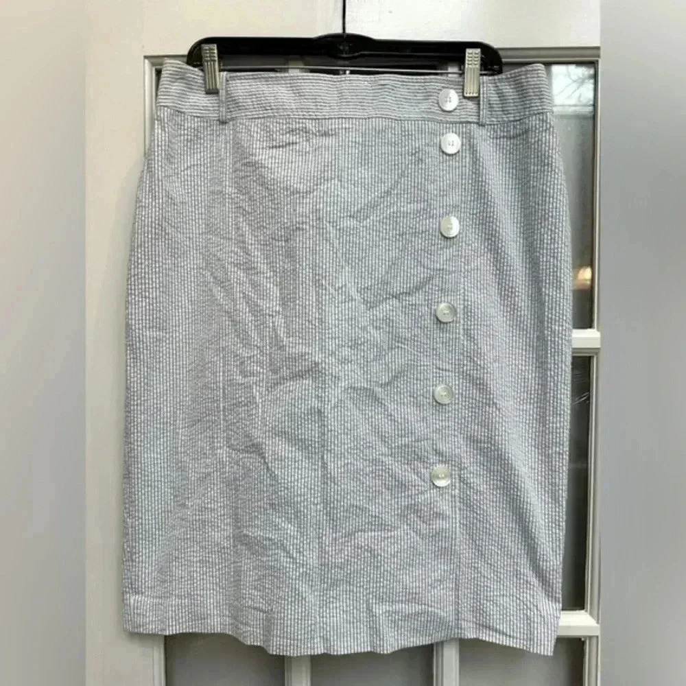 Talbots Blue White Stripe Textured Pencil Skirt Button Accents Plus Size 14 NWOT